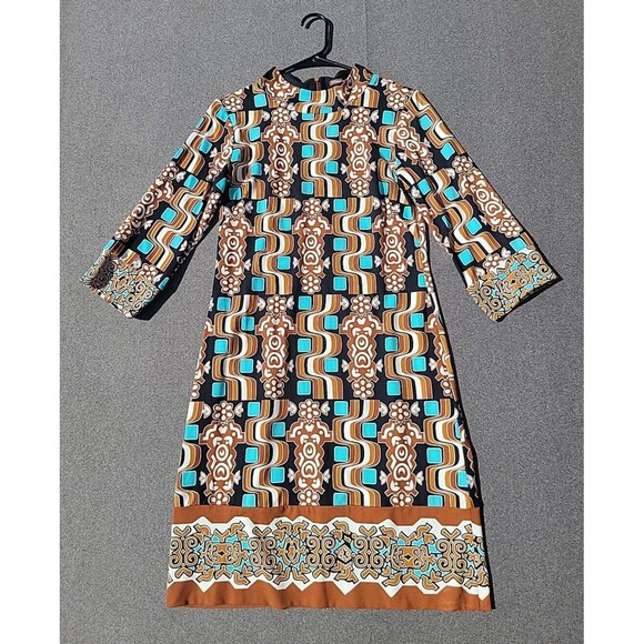 J McLaughlin S Brown Turquoise Biscayne Polynesian Shift Dress 862 - Picture 1 of 8